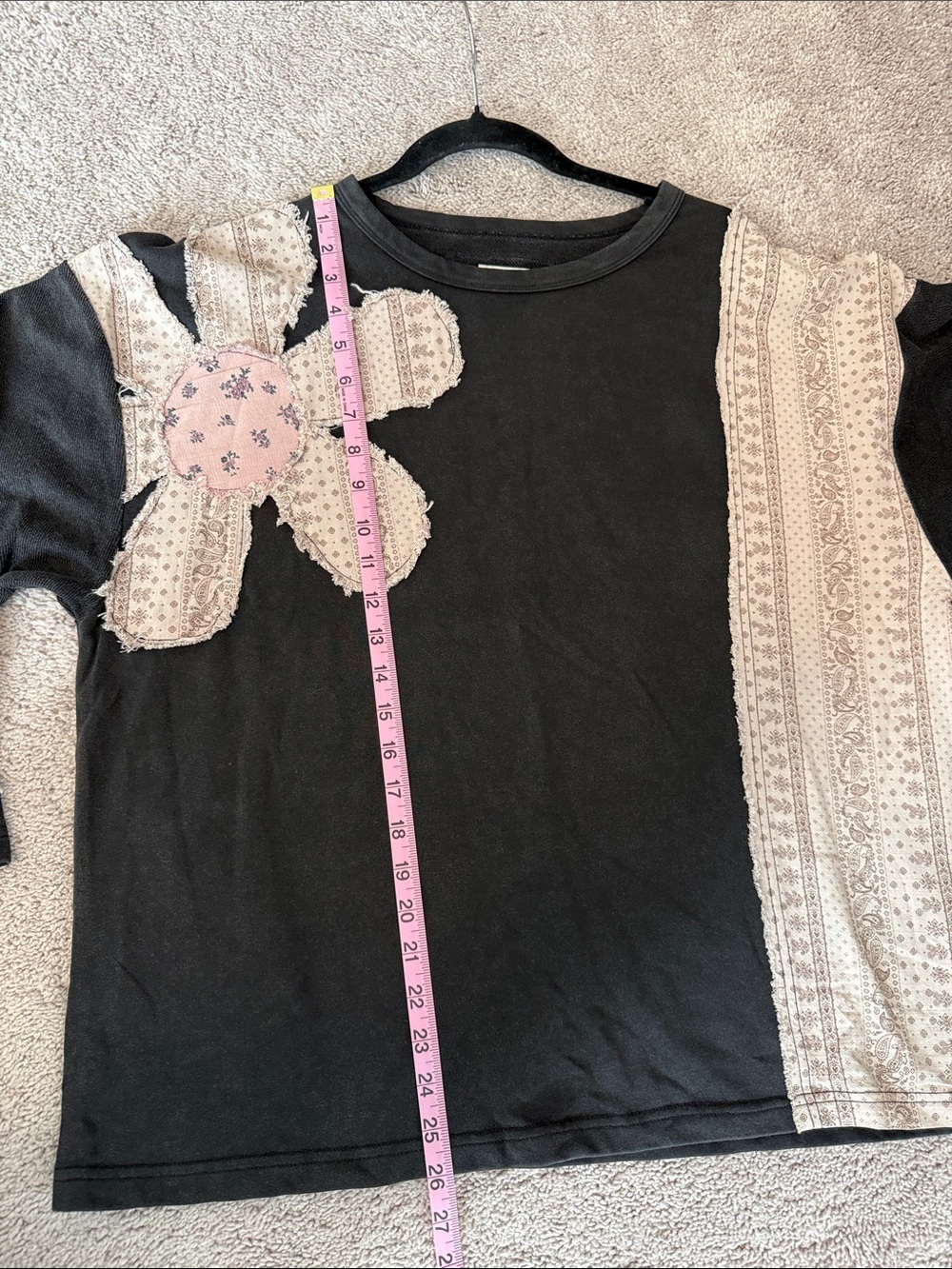 Umgee Mineral Washed Black Sweatshirt with Pink Floral Patchwork - Picture 10 of 16